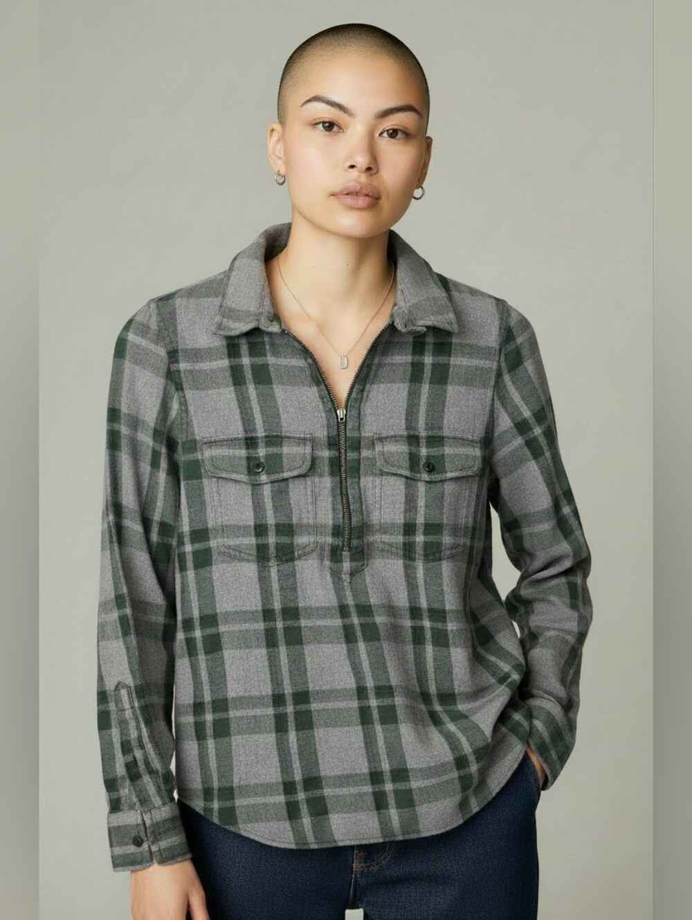 Madewell Half-Zip Plaid Pullover Top in Gray and Green SZ XXS